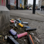 Vapes liegen weggeworfen in Straßenecke zwischen Dreck.