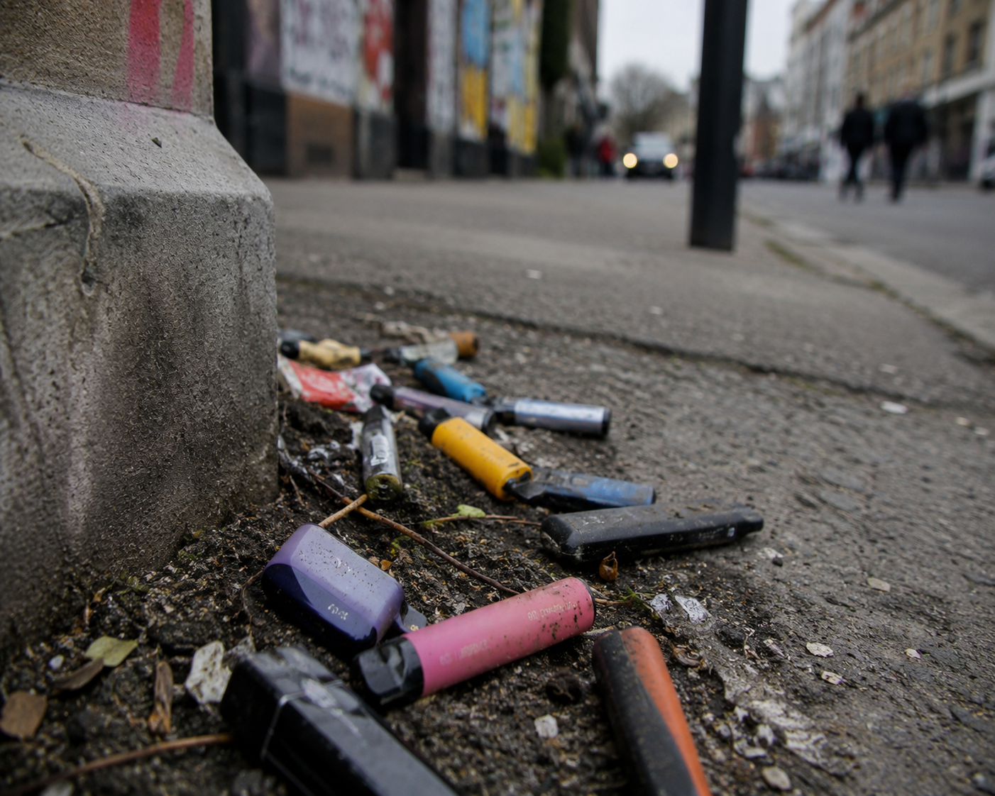 Vapes liegen weggeworfen in Straßenecke zwischen Dreck.